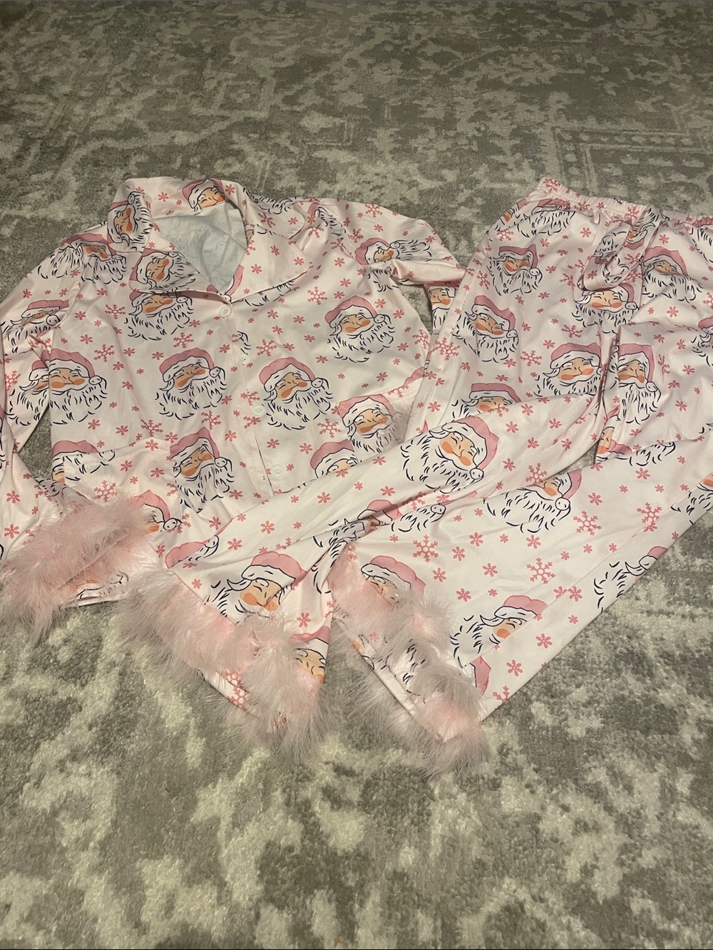 WomensPink Santa Print Pajama Set with Feather Trim*never worn
